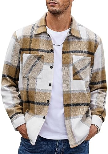 COOFANDY Men’s Flannel Shirts Casual Button Down Plaid Shirt Jacket Long Sleeve Fleece Shacket with Pockets