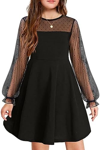 Arshiner Girl’s Contrast Mesh Puff Long Sleeve High Waist A Line Short Dress with Pockets for 6-13 Years