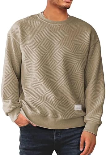 Men’s Crewneck Sweatshirts Soild Color Geometric Texture Long Sleeve Casual Pullover Shirt