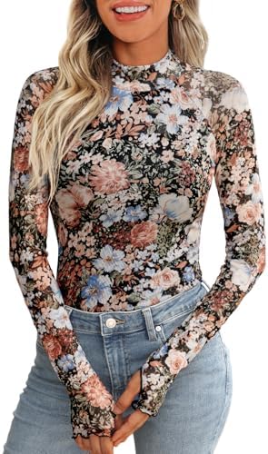 Dealmore Lace Long Sleeve Floral Mesh Mockneck Going Out Tops for Women Fashion Fall Outfits 2024