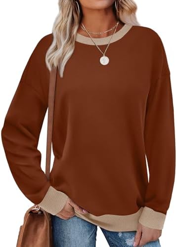 Saloogoe Sweatshirts for Women Crewneck Long Sleeve Loose Fit Tops Color Block Ribbed Trim Fashion 2024