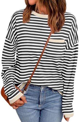 LILLUSORY Womens Oversized Striped Soft Knit Pullover Sweater Shirts with Chest Pocket