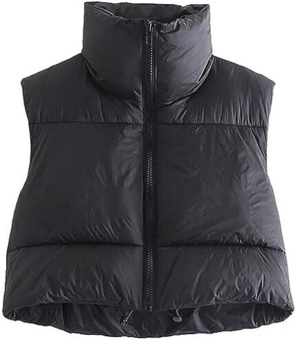 Shiyifa Women’s Fashion High Neck Zipper Cropped Puffer Vest Jacket Coat