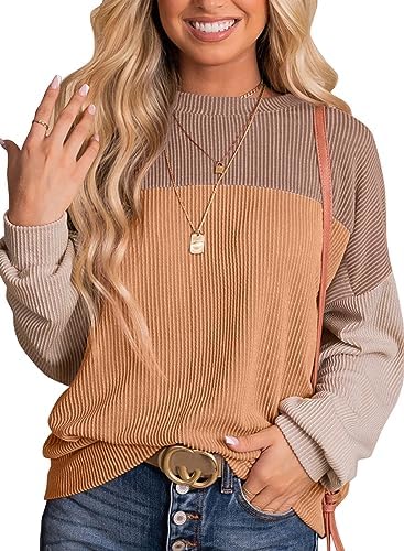 Dokotoo Womens Fashion 2024 Color Block Long Sleeve Crewneck Knitted Casual Loose Pullover Shirts Tops