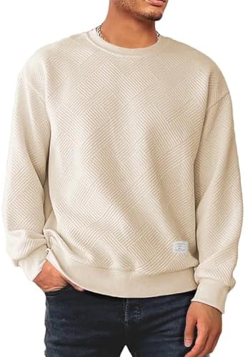 Men’s Crewneck Sweatshirts Soild Color Geometric Texture Long Sleeve Casual Pullover Shirt