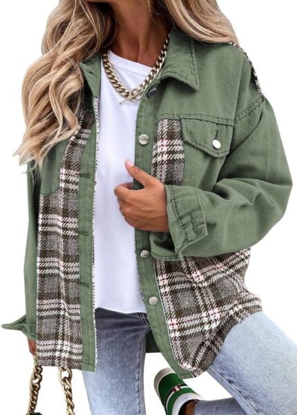 SHEWIN Women’s Oversized Denim Jacket Casual Long Sleeve Button Down Plaid Shacket Boyfriend Jean Jacket With Pockets