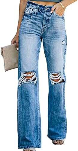 Sidefeel Women’s Ripped High Waisted Flared Jeans Wide Leg Destroyed Denim Pants