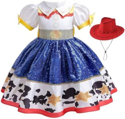 Jessie Dress for Little Girls Cowgirl Sequins Costume Dress Up Halloween Birthday Party Outfit with Hat