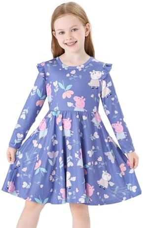 Peppa Pig Girls Dress Ruffle Long Sleeve Figure Print Cute Casual Fall Dresses for Birthday Party Toddler Girl