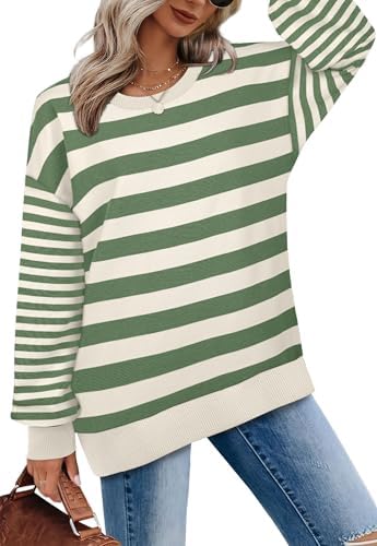 WIHOLL Womens Striped Sweatshirts Loose Fit Crew Neck Long Sleeve Tops Fall Fashion Clothes