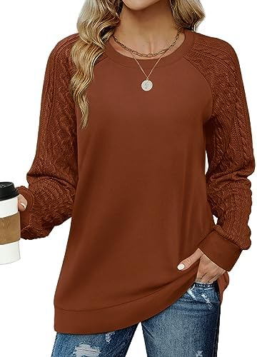 Saloogoe Sweatshirts for Women Crewneck Cable Knit Sleeve Sweaters Lightweight Fashion 2024