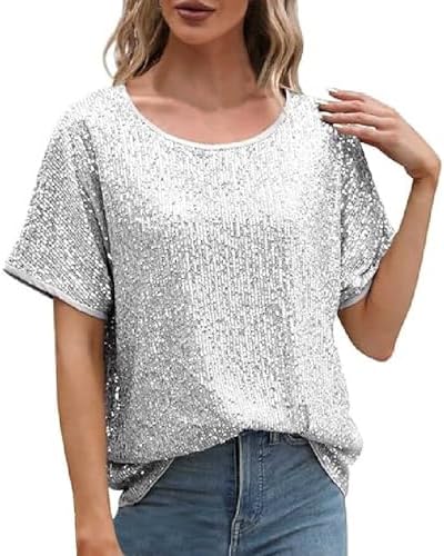 Sequin Tops for Women Short Sleeve Sparkly Glitter Dressy Blouses Casual Crewneck Loose Fit Party Shirts