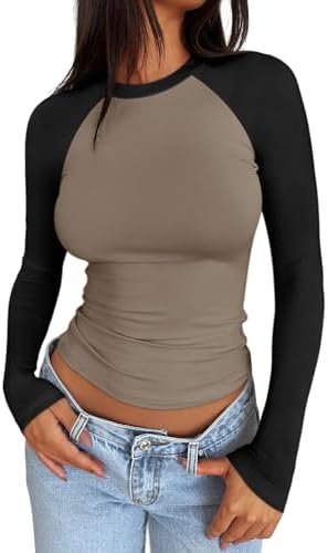 Trendy Queen Women’s Long Sleeve Shirts Slim Fit Stretchy Color Block Slightly Cropped Tops