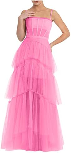 Women’s Spaghetti Strap Prom Dresses Long 2023 Tiered Tulle A-line Pleated Formal Party Gowns Vacation Beach Sundress