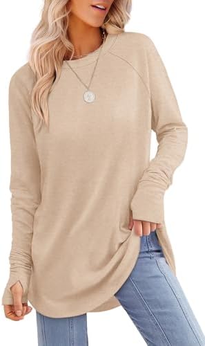 XIEERDUO Womens Tunic Tops to Wear with Leggings Long Sleeve Thumb Hole Shirts Crew Neck Curved Hem