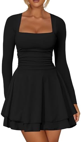 Kaximil Women’s Square Neck Ruffle Hem Mini Dress Ruched Waist Long Sleeve Corset Short Party Dresses