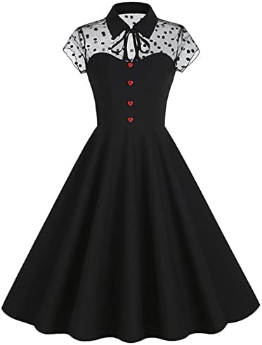 Women Keyhole Tie Neck Mesh Floral Embroidery Vintage Cocktail Swing Dress 50s Goth Flared A line Wedding Prom Dresses