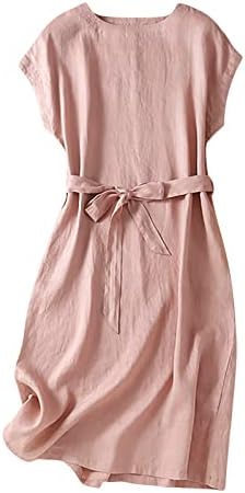 Women’s Flowy Cotton Linen Dress Vintage Dresses Summer Beach Casual Loose Short Sleeve Crewneck Midi Dress with Belt