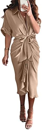 BTFBM 2024 Women Button Down Ruched Shirt Dresses Short Sleeve Lapel V Neck Elegant Party Spring Summer Maxi Satin Dress