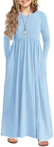 Arshiner Girls Maxi Dress Long/Short Sleeve Casual Holiday Dress with Pockets for 5-13 Years