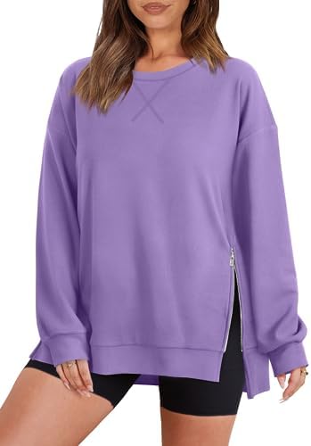 WIHOLL Women’s Oversized Lightweight Sweatshirt with Side Slit Zipper Soft Crew Neck Pullover Long Sleeve Tops 2024 Fashion