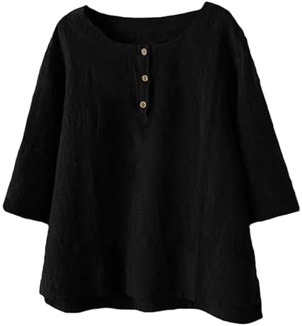 Summer Cotton Linen Tops for Women 2025 Trendy Button 3/4 Sleeve Crewneck T Shirts Dressy Boho Work Jacquard Blouse