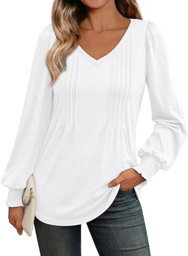 AUTOMET Womens Long Sleeve Shirts V Neck Fall Casual Tops Fashion Outfits Loose Fit Pleated Front Tunic Clothes 2024