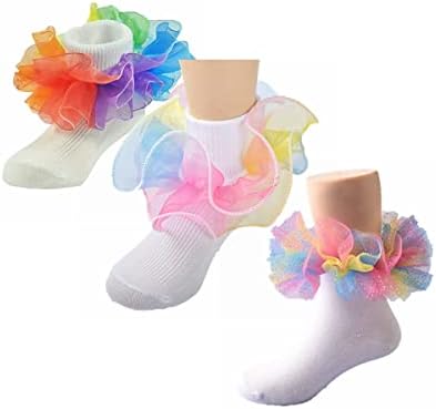 Toddler Girls Socks with Rainbow Lace Ruffle Trim Cotton Baby Socks Frilly Dress Socks for Little Girls