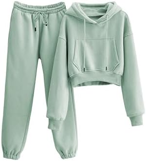 LTSCNRM Women’s 2 Piece Airport Outfits Fleece Crop Hoodies Pullover Sweatshirt Sweatsuits Joggers Pants Pockets