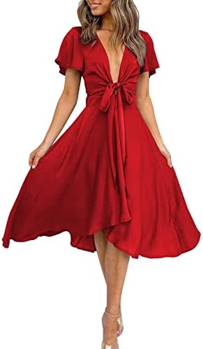 miduo Womens Satin V Neck Ruffle Short Sleeve Tie Front High Waist Midi A-Line Maxi Dresses