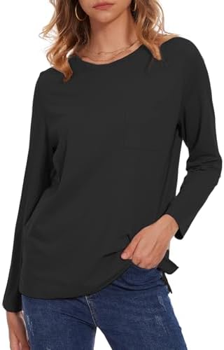 NEYOUQE Womens Fall Basic Plain Tees Shirt with Pocket Long Sleeve T Shirts Casual Comfy Tops Trendy T-Shirts(S-XXL)