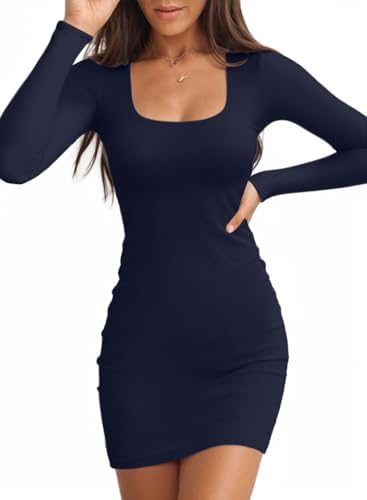 Valiamcep Women’s Dress Square Neck Long Sleeve Ribbed Knit Slim Fitted Basic Bodycon Mini Pencil Dresses