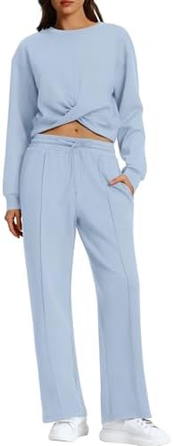 WIHOLL Women 2 Piece Lounge Sets Twist Front Cropped Sweatshirt Wide Leg Sweatpant Fall Outfits Cozy Sweatsuit Tracksuit