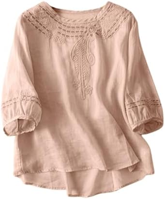 Summer Tops for Women 2025 Dressy Casual Linen Embroidery Blouse Crew Neck Tunic Elbow Sleeve Shirts Plus Size Tops