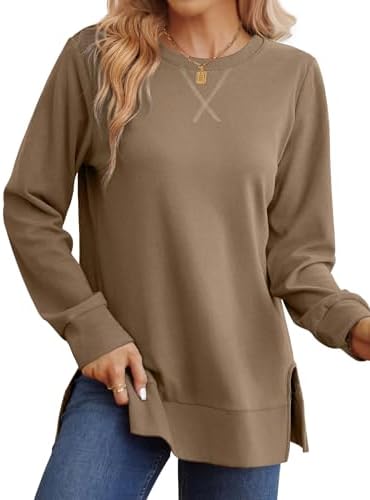 Saloogoe Sweatshirt for Women Side Split Fall Fashion 2024 Long Sleeve Shirts Trending Now