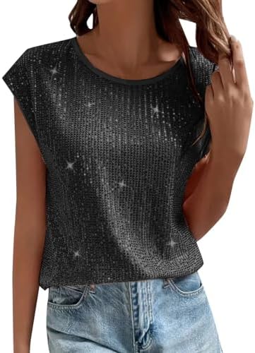 Sequin Tops for Women 2025 Trendy Cap Short Sleeve Sparkle Shirts Dressy Casual Crewneck Shinning Club Party Blouse