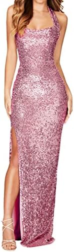 Women’s Sexy Halter Neck Bodycon Sequin Gown Evening Dress with Slit Sleeveless Cocktail Prom Club Party Maxi Dresses