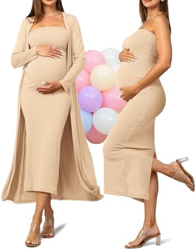 Rnxrbb 2 Piece Maternity Dress Cardigan Baby Shower Wedding Guest Summer Gender Reveal Photoshoot Tube Maternity Dress Long