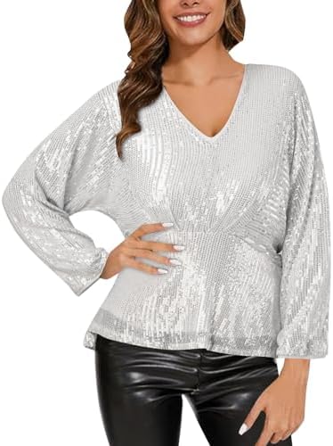 Elegant Sequin Tops for Women Trendy V Neck Long Sleeve Sparkly Shirts Casual Peplum Club Evening Party Night Blouse