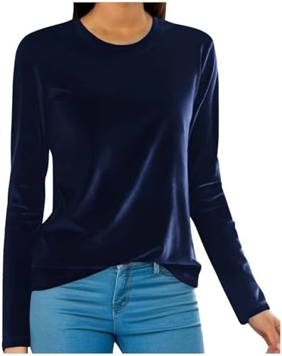 Velvet Tops for Women Long Sleeve Round Neck Shirts Dressy Blouse Pullover Solid Casual Tee Shirt Trendy Velvet Top