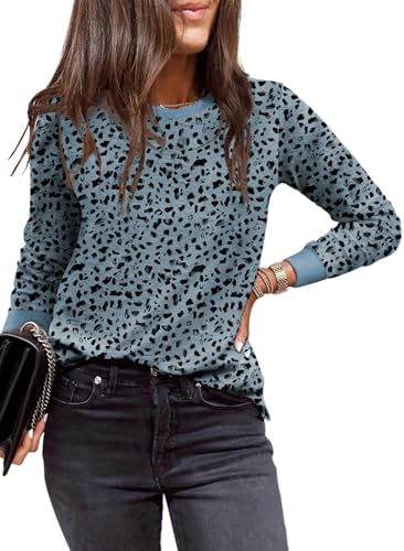 BLENCOT Women Long Sleeve Shirts Crewneck Leopard Print Casual Tunic Lightweight Fall Sweatshirts Basic Top Outfit