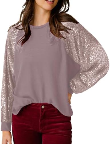 Franterd Womens Sequin Shirts Fashion Sparkle Long Sleeve Pullover Casual Patchwork Shimmer Party Trendy Dressy Blouses