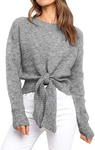 Okiwam Women’s Long Sleeve Cropped Knit Sweater Tie Front Crew Neck Solid Color Ribbed Pullover 2024 Casual Tops Jumper