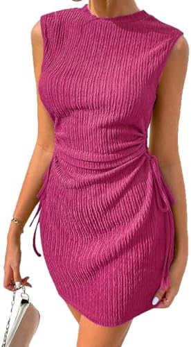 Acelitt Womens Summer Sleeveless Side Cut Out Drawstring Ruched Mini Wedding Guest Dress