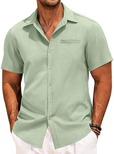 COOFANDY Mens Casual Linen Shirt Short Sleeve Button Down Shirt Summer Beach Hawaiian Shirts