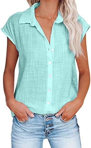 Ceboyel Shirts for Women Trendy Summer Cotton Linen Short Sleeve Tops Collared Button Down Causal Blouse Laides Clothing 2023