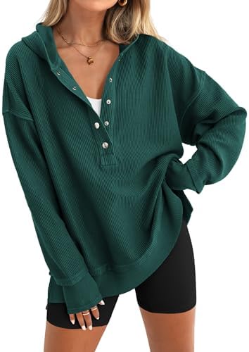 PRETTYGARDEN Womens Fashion 2024 Long Sleeve Hoodie Oversized Button Up V Neck Sweatshirt Side Slit Casual Pullover Tops