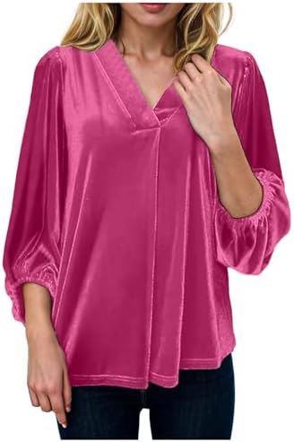 Elegant Velvet Tops for Women Trendy 3/4 Sleeve V Neck Blouse Dressy Casual Loose Fit Vintage Party Tshirts