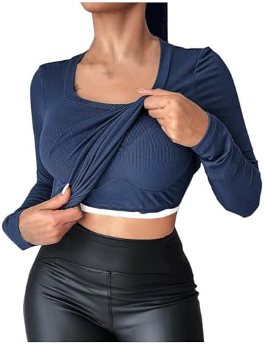 Women’s Long Sleeve T Shirts with Built-in Shelf Bra Ribbed Knit Slim Fit Casual Crew Neck Basic Tee Tops Blouse