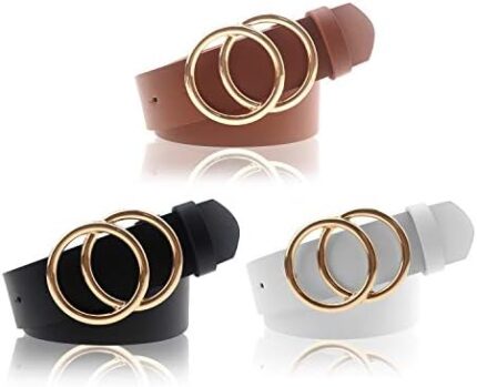 Women’s PU Leather Belt Double O Ring Soft Faux Leather Waist Belt